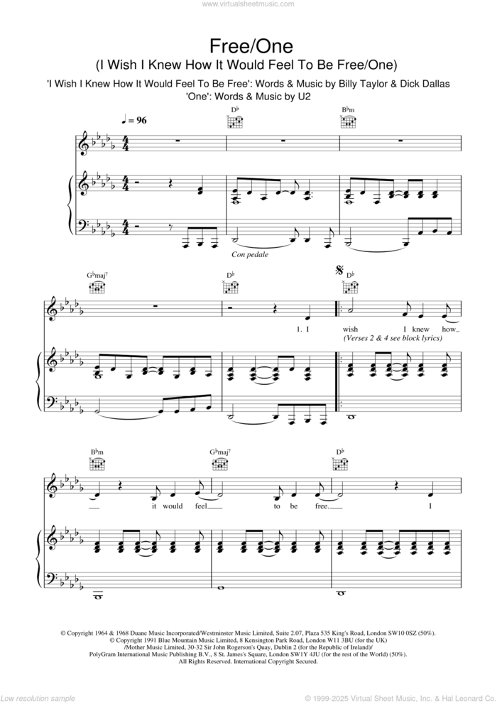 Free/One (I Wish I Knew How It Would Feel To Be and One) sheet music for voice, piano or guitar by Lighthouse Family, Billy Taylor, Dick Dallas and U2, intermediate skill level