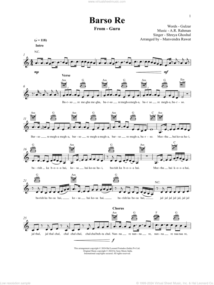 Barso Re (from Guru) sheet music for voice and other instruments (fake book) by A.R. Rahman, Gulzar, Keerthi and Shreya Ghoshal, intermediate skill level