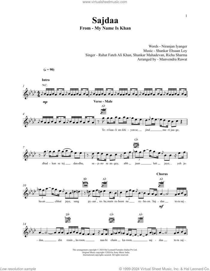 Sajdaa (from My Name Is Khan) sheet music for voice and other instruments (fake book) by Shankar-Ehsaan-Loy and Niranjan Iyenger, intermediate skill level