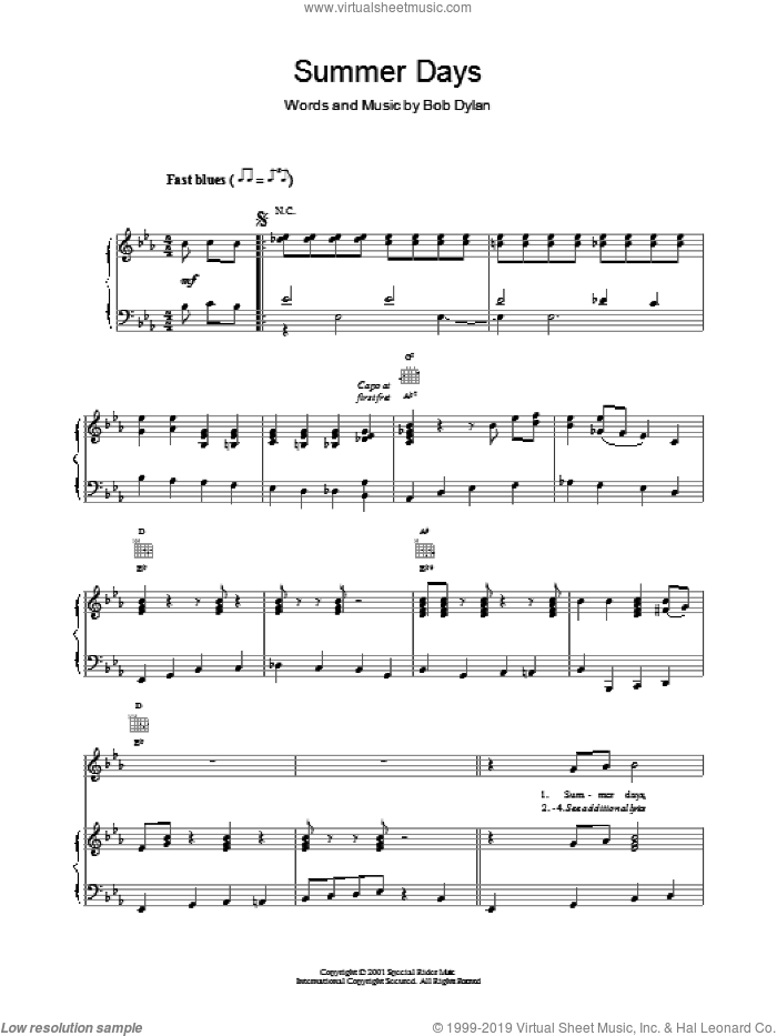 Summer Days sheet music for voice, piano or guitar by Bob Dylan, intermediate skill level