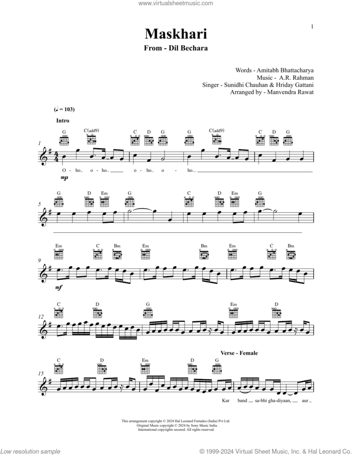 Maskhari (from Dil Bechara) sheet music for voice and other instruments (fake book) by A.R. Rahman, Sunidhi Chauhan and Hriday Gattani, Amitabh Bhattacharya and Hriday Gattani, intermediate skill level