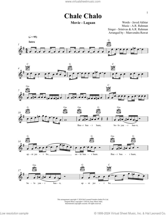 Chale Chalo (from Lagaan) sheet music for voice and other instruments (fake book) by A.R. Rahman and Srinivas, A.R. Rahman and Javed Akhtar, intermediate skill level