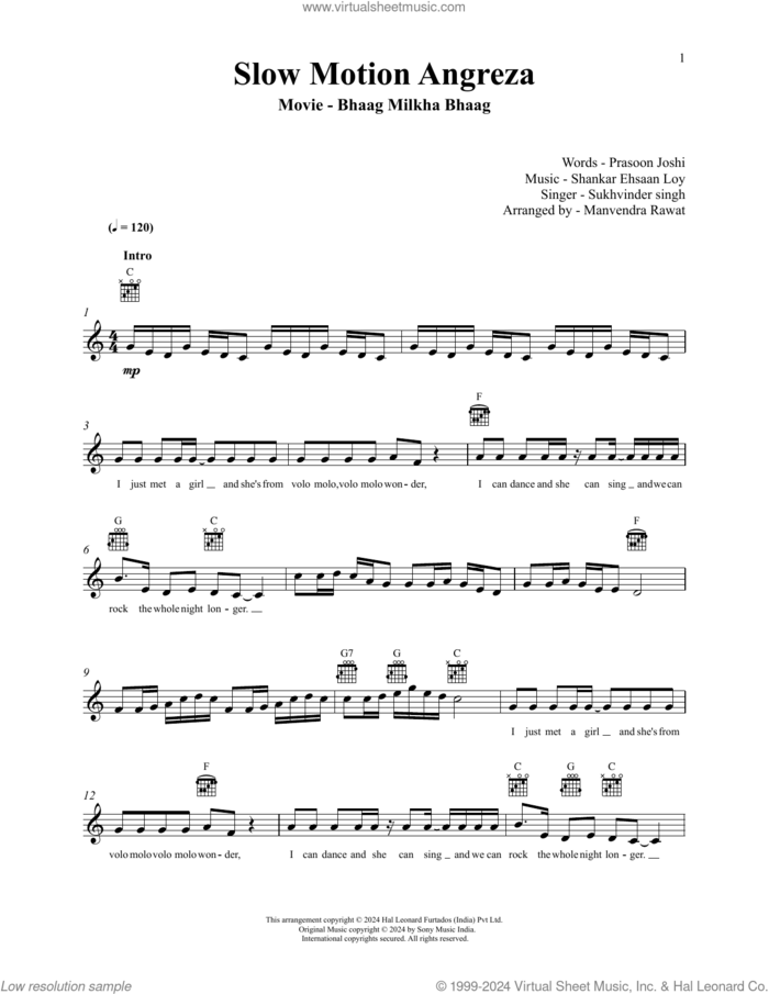 Slow Motion Angreza (from Bhaag Milkha Bhaag) sheet music for voice and other instruments (fake book) by Shankar-Ehsaan-Loy, Ehsaan Noorani, Loy Mendonsa, Prasoon Joshi and Shankar Mahadevan, intermediate skill level