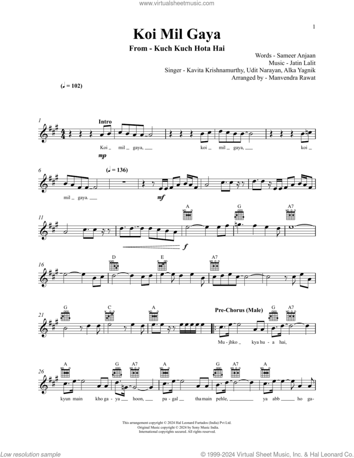 Koi Mil Gaya (from Kuch Kuch Hota Hai) sheet music for voice and other instruments (fake book) by Jatin-Lalit, Udit Narayan and Alka Yagnik, Jatin Pandit, Lalitraj Pandit and Sameer Anjaan, intermediate skill level