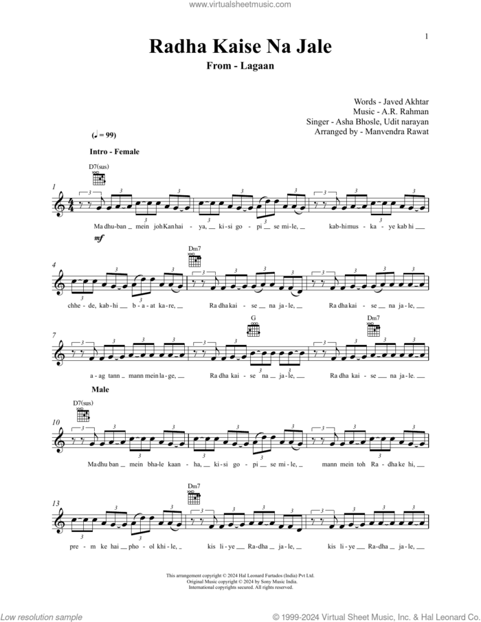 Radha Kaise Na Jale (from Lagaan) sheet music for voice and other instruments (fake book) by A.R. Rahman and Javed Akhtar, intermediate skill level