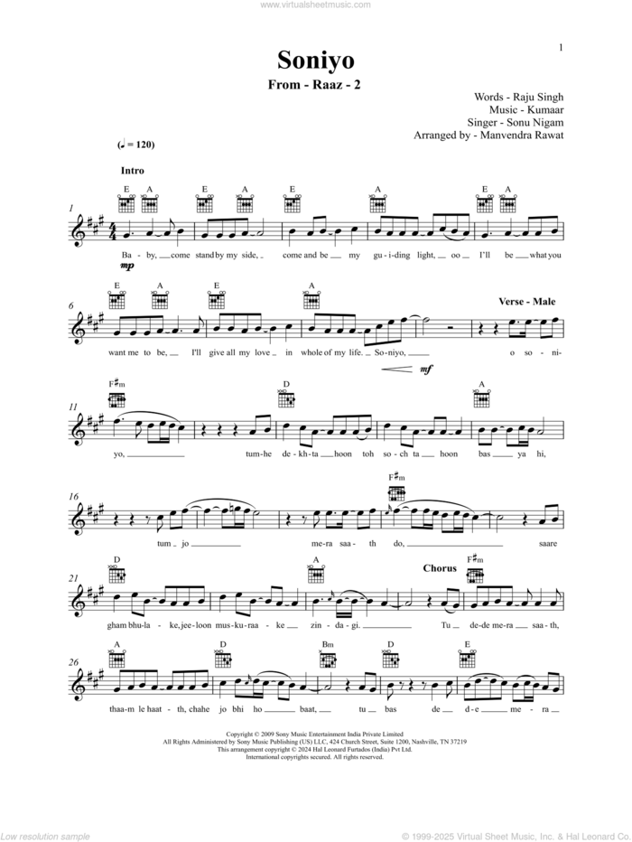 Soniyo (from RAAZ - The Mystery Continues) sheet music for voice and other instruments (fake book) by Raju Singh, Sonu Nigam and Shreya Ghoshal, Kumaar and Raju Singh, intermediate skill level
