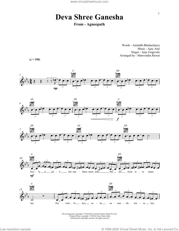 Deva Shree Ganesha (from Agneepath) sheet music for voice and other instruments (fake book) by Ajay-Atul and Ajay Gogavale, Ajay Gogavale, Amitabh Bhattacharya and Atul Gogavale, intermediate skill level