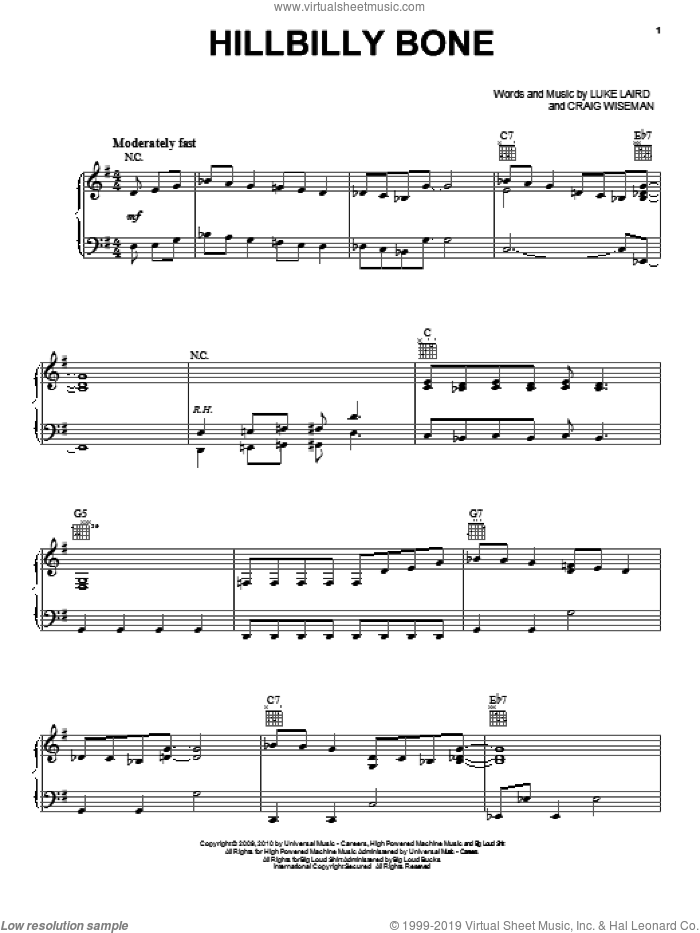 Hillbilly Bone sheet music for voice, piano or guitar by Blake Shelton featuring Trace Adkins, Blake Shelton, Trace Adkins, Craig Wiseman and Luke Laird, intermediate skill level