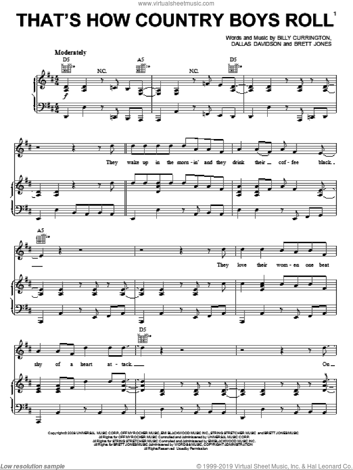 That's How Country Boys Roll sheet music for voice, piano or guitar by Billy Currington, Brett Jones and Dallas Davidson, intermediate skill level