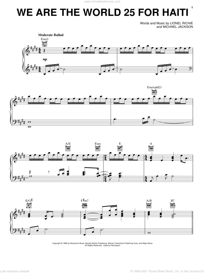 We Are The World 25 For Haiti sheet music for voice, piano or guitar by Artists For Haiti, Lionel Richie and Michael Jackson, intermediate skill level