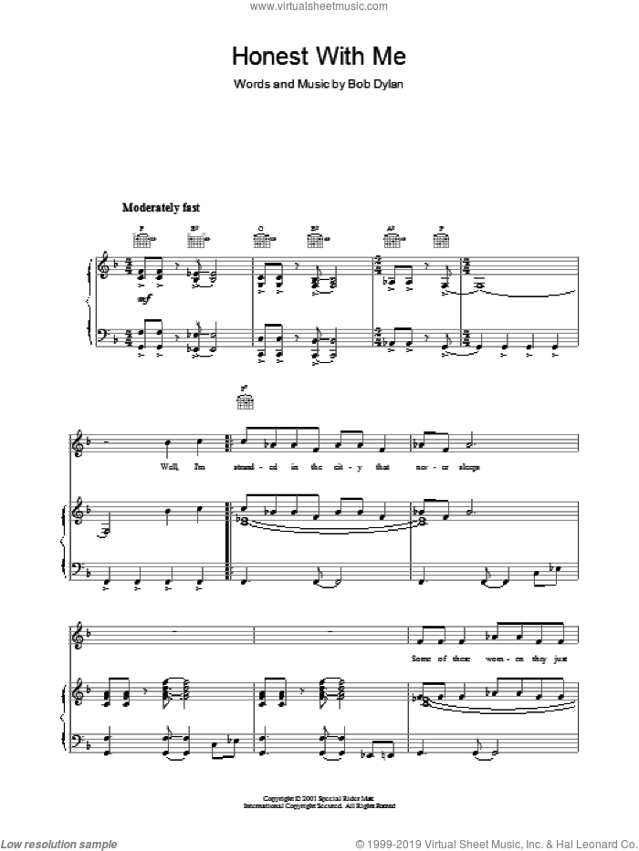 Honest With Me sheet music for voice, piano or guitar by Bob Dylan, intermediate skill level