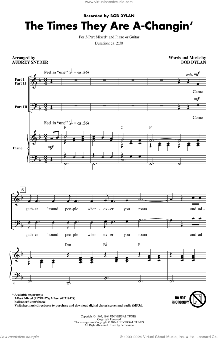 The Times They Are A-Changin' (arr. Audrey Snyder) sheet music for choir (3-Part Mixed) by Bob Dylan, Audrey Snyder and Peter, Paul & Mary, intermediate skill level