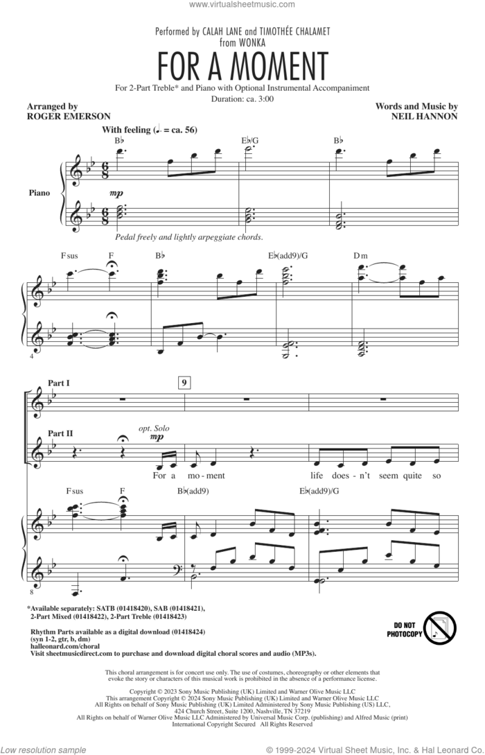 For A Moment (from Wonka) (arr. Roger Emerson) sheet music for choir (2-Part Treble) by Calah Lane & Timothée Chalamet, Roger Emerson and Neil Hannon, intermediate skill level
