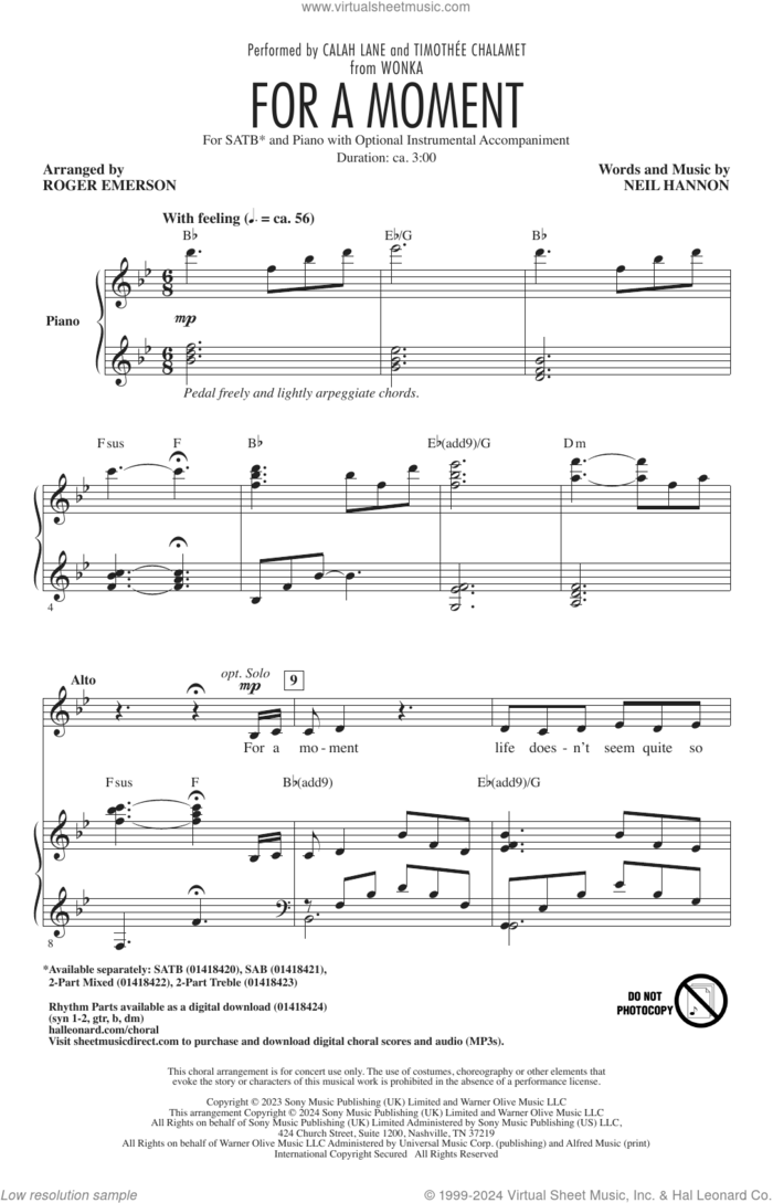 For A Moment (from Wonka) (arr. Roger Emerson) sheet music for choir (SATB: soprano, alto, tenor, bass) by Calah Lane & Timothée Chalamet, Roger Emerson and Neil Hannon, intermediate skill level