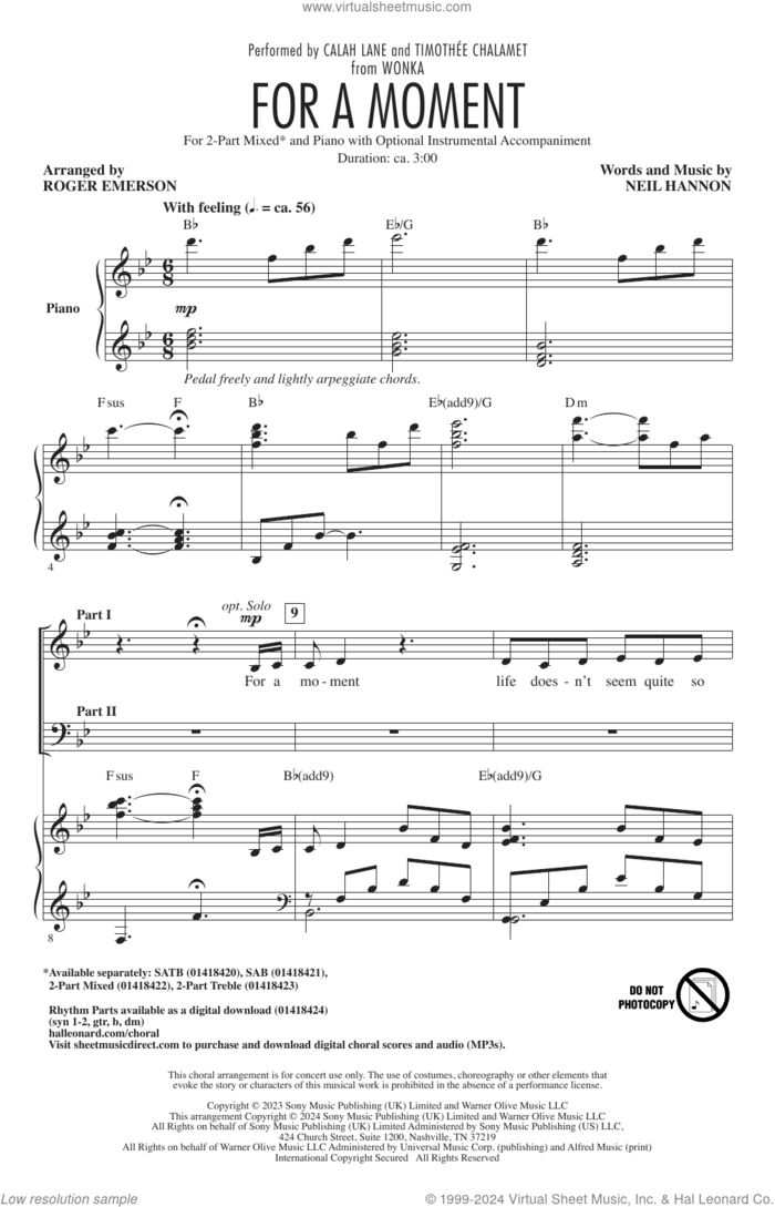 For A Moment (from Wonka) (arr. Roger Emerson) sheet music for choir (2-Part Mixed) by Calah Lane & Timothée Chalamet, Roger Emerson and Neil Hannon, intermediate skill level