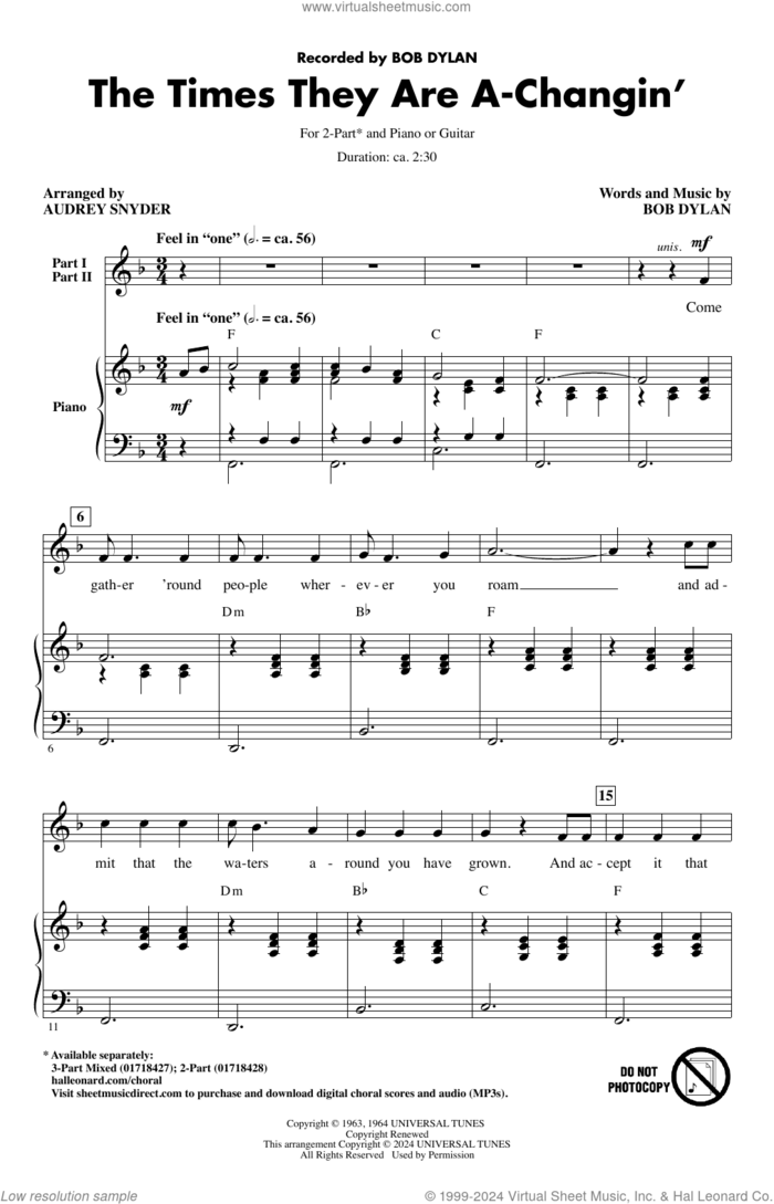 The Times They Are A-Changin' (arr. Audrey Snyder) sheet music for choir (2-Part) by Bob Dylan, Audrey Snyder and Peter, Paul & Mary, intermediate duet