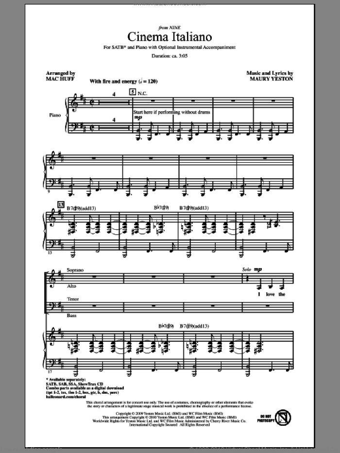 Cinema Italiano sheet music for choir (SATB: soprano, alto, tenor, bass) by Maury Yeston and Mac Huff, intermediate skill level