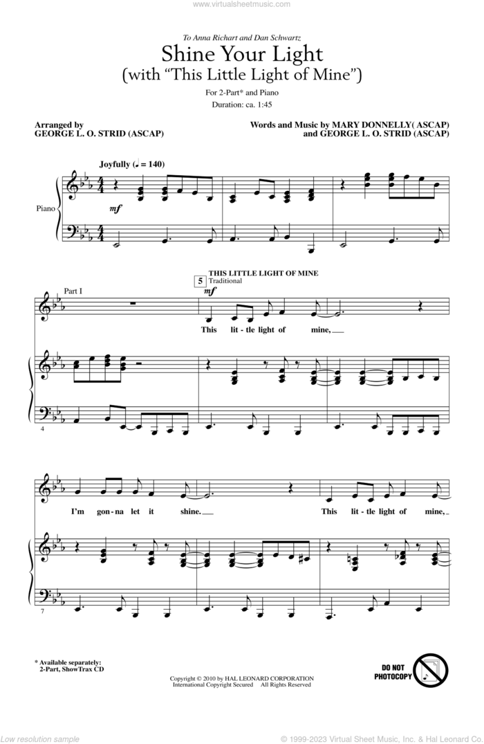 Shine Your Light (with This Little Light Of Mine) sheet music for choir (2-Part) by Mary Donnelly and George L.O. Strid, intermediate duet