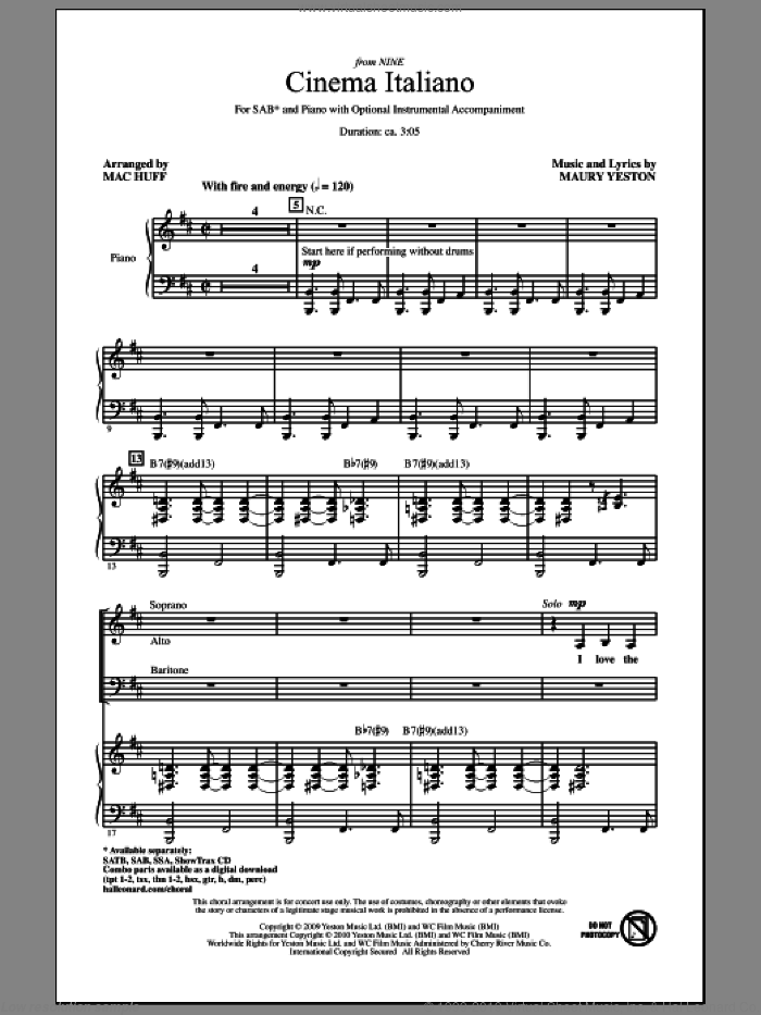 Cinema Italiano sheet music for choir (SAB: soprano, alto, bass) by Maury Yeston and Mac Huff, intermediate skill level