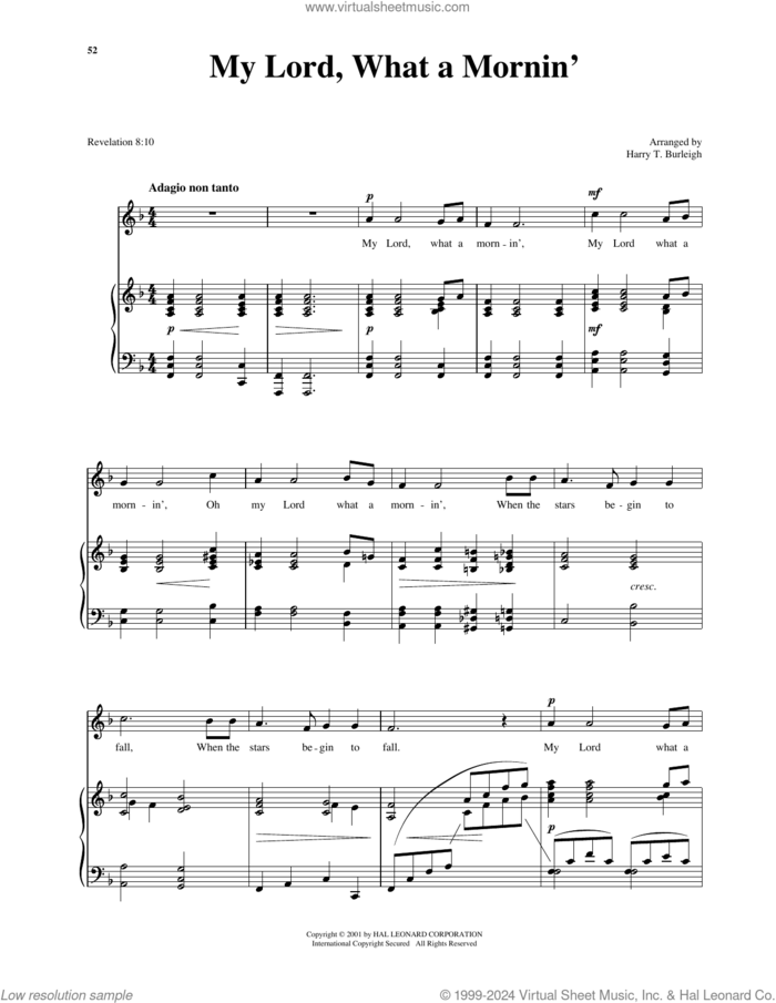 My Lord, What A Morning (arr. Richard Walters) (High Voice) sheet music for voice and piano (High Voice) , Harry T. Burleigh and Richard Walters, classical score, intermediate skill level