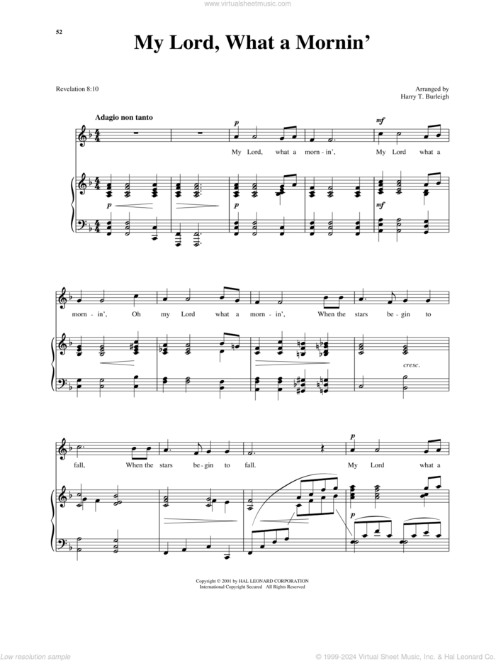 My Lord, What A Morning (arr. Richard Walters) (High Voice) sheet music for voice and piano (High Voice) , Harry T. Burleigh and Richard Walters, classical score, intermediate skill level