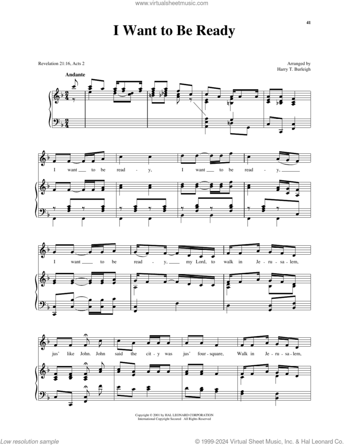 I Want To Be Ready (arr. Richard Walters) (High Voice) sheet music for voice and piano (High Voice) , Harry T. Burleigh and Richard Walters, intermediate skill level