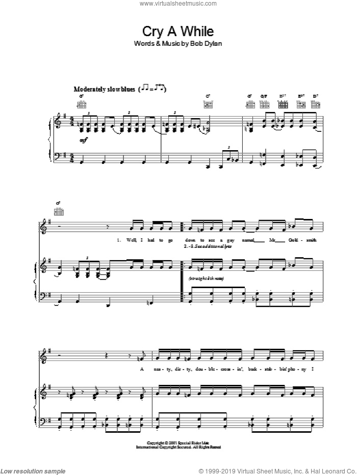 Cry A While sheet music for voice, piano or guitar by Bob Dylan, intermediate skill level