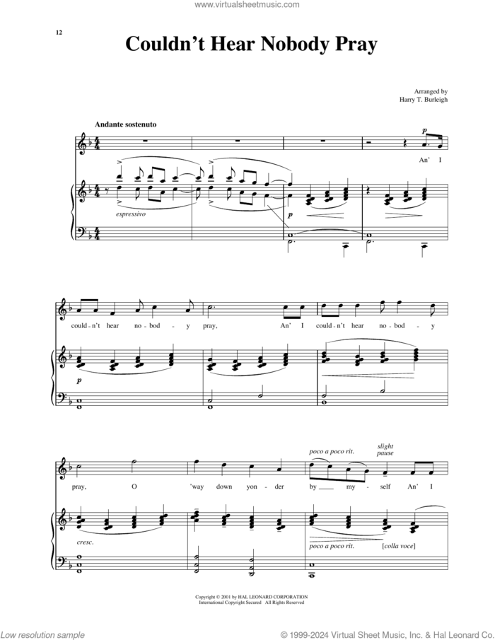 I Couldn't Hear Nobody Pray (arr. Richard Walters) (High Voice) sheet music for voice and piano (High Voice) , Harry T. Burleigh and Richard Walters, intermediate skill level