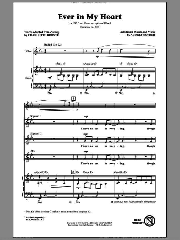 Ever In My Heart sheet music for choir (SSA: soprano, alto) by Audrey Snyder and Charlotte Bronte, intermediate skill level