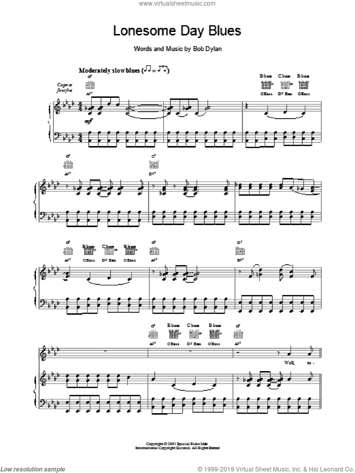 Lonesome Day Blues sheet music for voice, piano or guitar by Bob Dylan, intermediate skill level