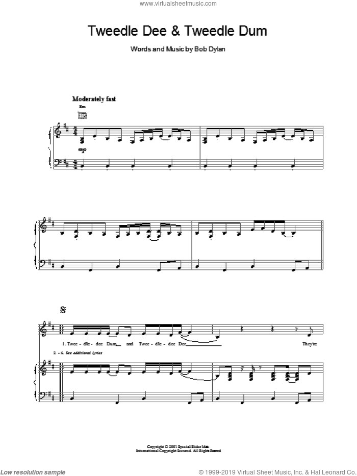 Tweedle Dee and Tweedle Dum sheet music for voice, piano or guitar by Bob Dylan, intermediate skill level