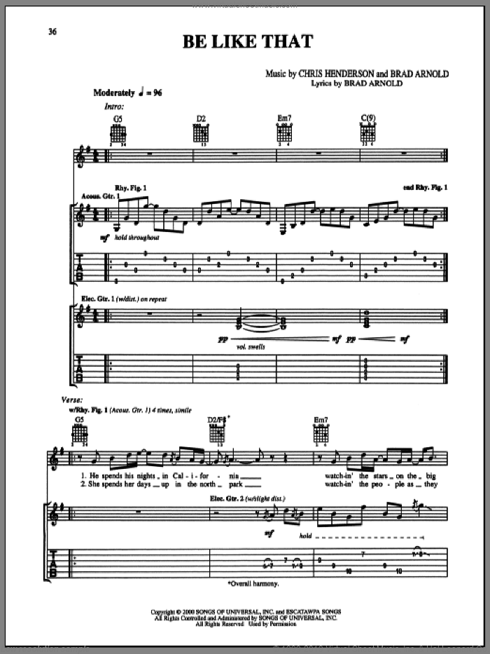 Be Like That sheet music for guitar (tablature) by 3 Doors Down, Brad Arnold and Chris Henderson, intermediate skill level