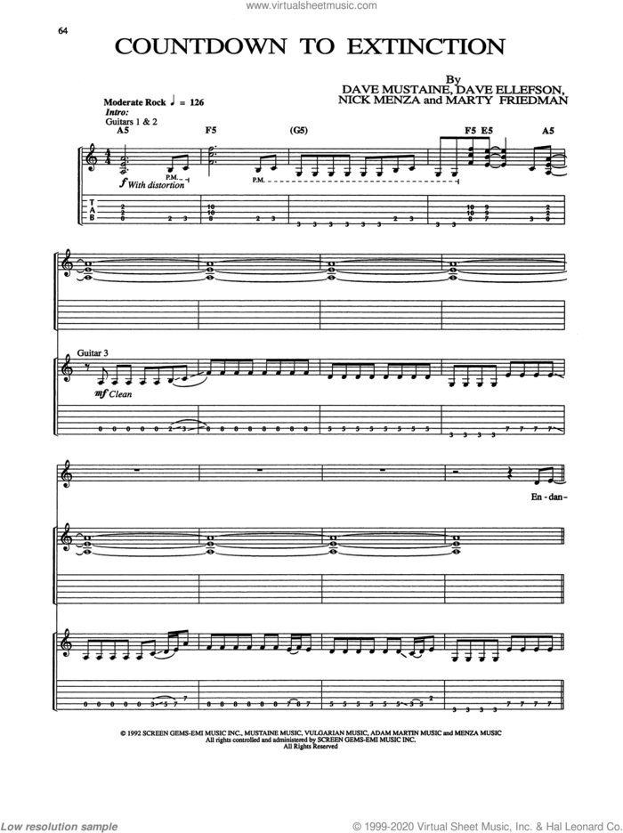 Countdown To Extinction sheet music for guitar (tablature) by Megadeth, Dave Ellefson, Dave Mustaine, Marty Friedman and Nick Menza, intermediate skill level