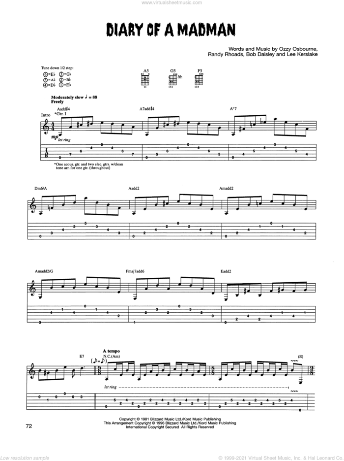 Diary Of A Madman sheet music for guitar (tablature) by Ozzy Osbourne, Bob Daisley, Lee Kerslake and Randy Rhoads, intermediate skill level