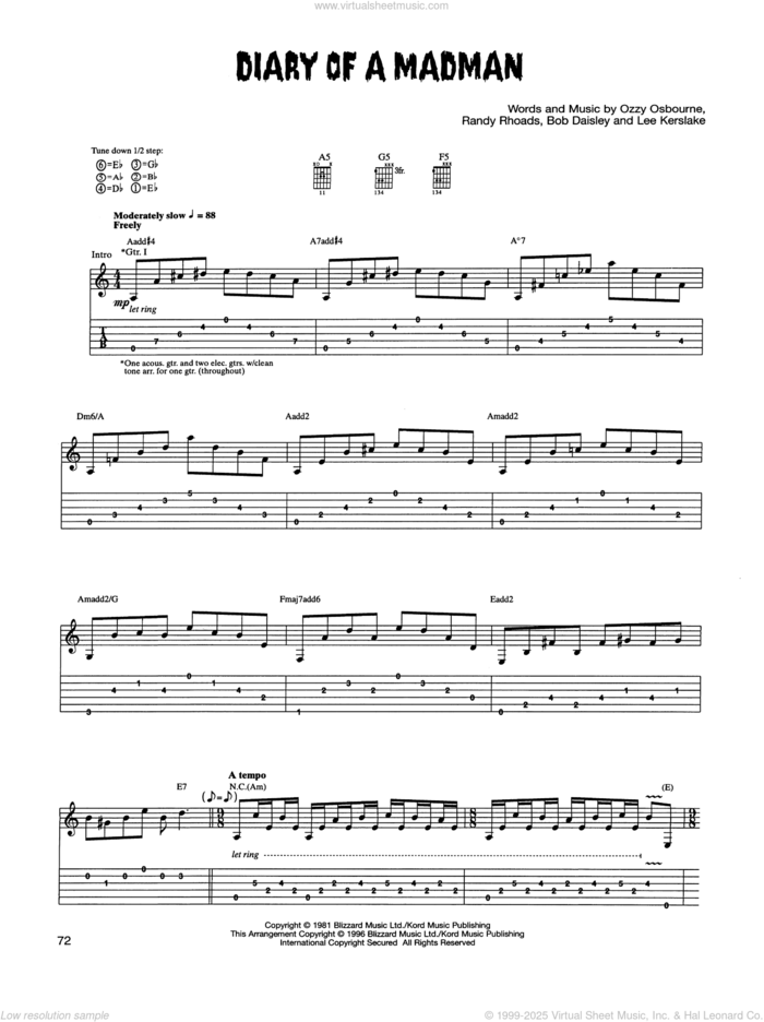 Diary Of A Madman sheet music for guitar (tablature) by Ozzy Osbourne, Bob Daisley, Lee Kerslake and Randy Rhoads, intermediate skill level