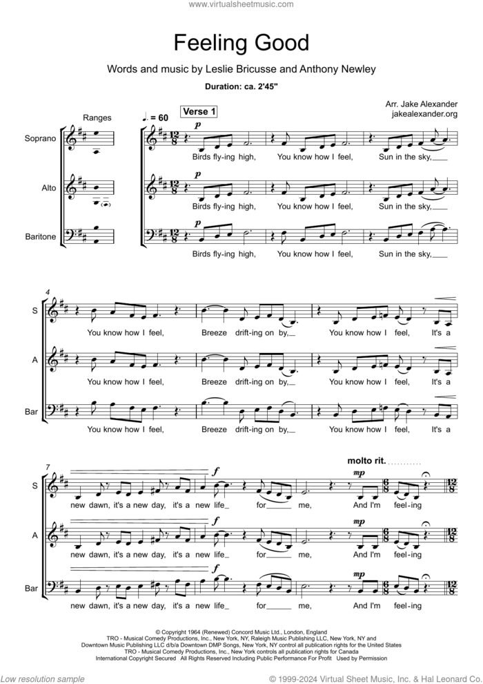 Feeling Good (arr. Jake Alexander) sheet music for choir (SAB: soprano, alto, bass) by Michael Buble, Jake Alexander, Anthony Newley and Leslie Bricusse, intermediate skill level