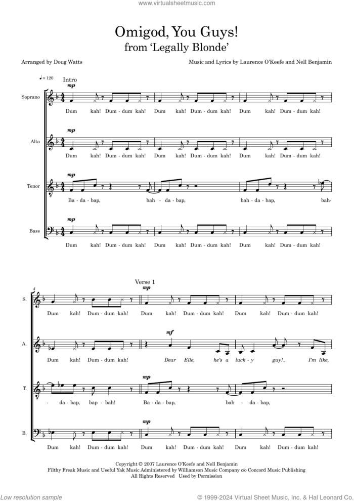 Omigod You Guys (arr. Doug Watts) sheet music for choir (SATB: soprano, alto, tenor, bass) by Nell Benjamin and Doug Watts, intermediate skill level