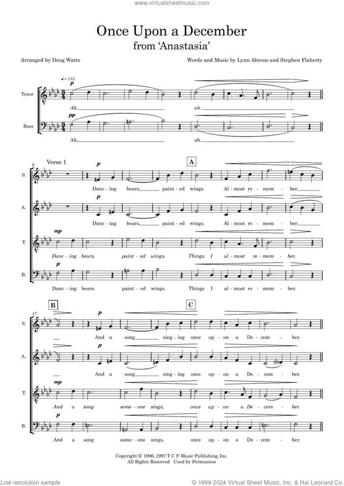 Once Upon A December (arr. Doug Watts) sheet music for choir (SATB: soprano, alto, tenor, bass) by Stephen Flaherty, Doug Watts, Lynn Ahrens and Stephen Flaherty & Lynn Ahrens, intermediate skill level