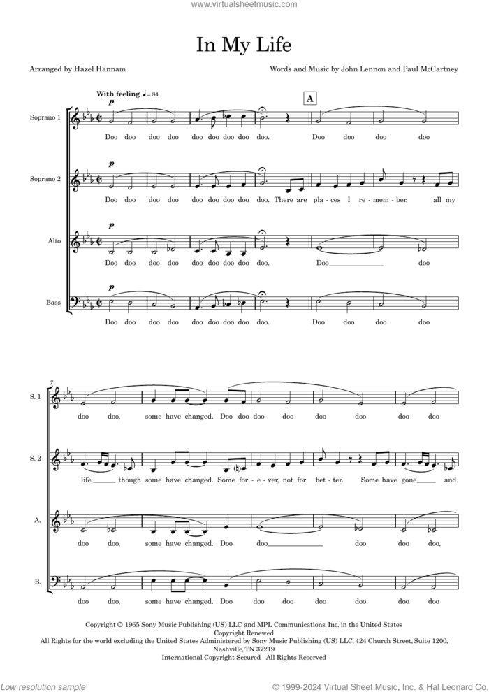 In My Life (arr. Hazel Hannam) sheet music for choir (SSAB) by The Beatles, Hazel Hannam, John Lennon and Paul McCartney, wedding score, intermediate skill level