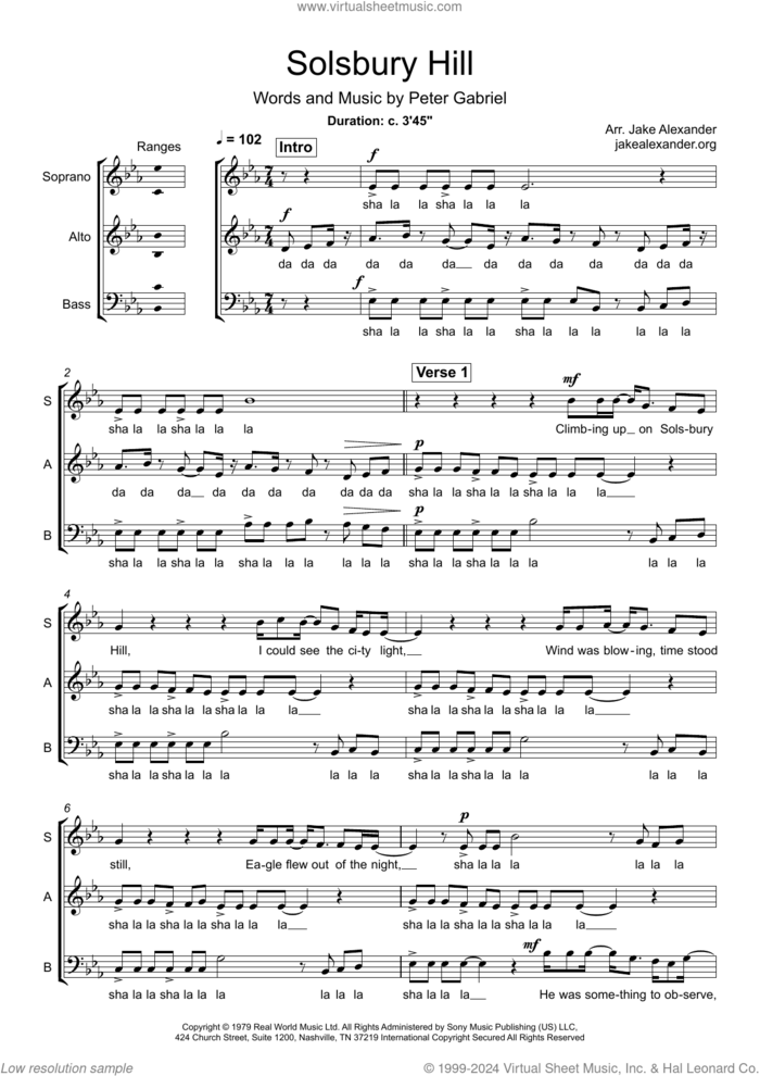Solsbury Hill (arr. Jake Alexander) sheet music for choir (SAB: soprano, alto, bass) by Peter Gabriel and Jake Alexander, intermediate skill level