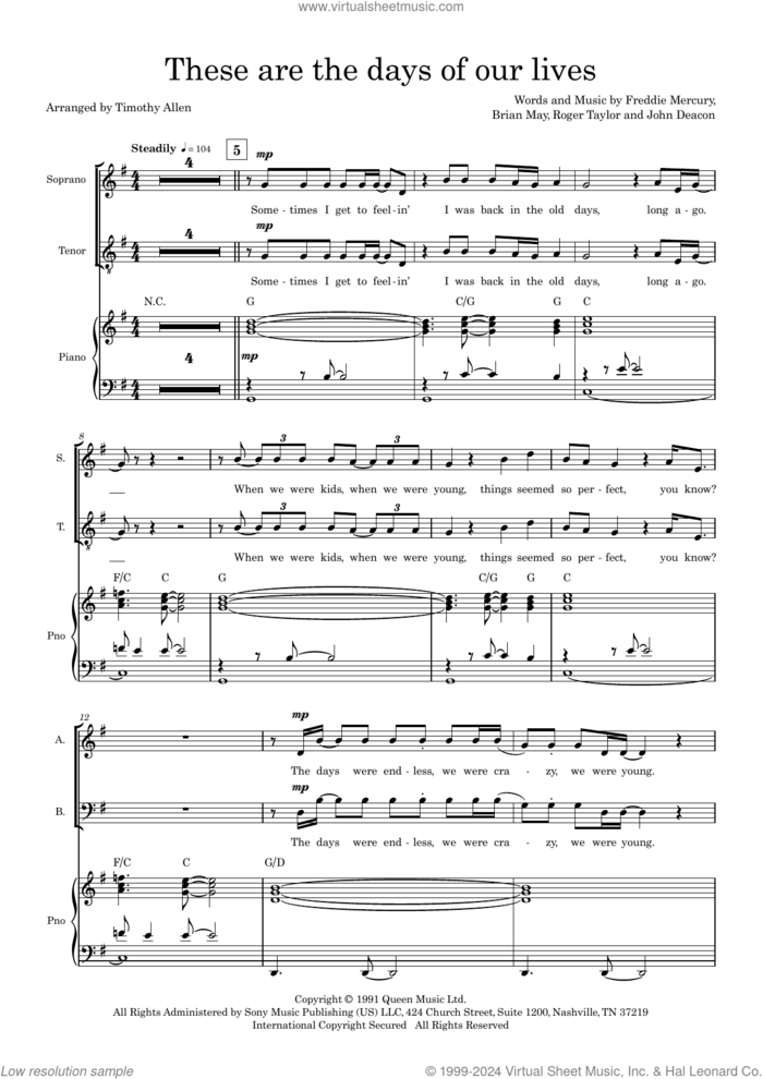 These Are The Days Of Our Lives (arr. Tim Allen) (COMPLETE) sheet music for orchestra/band (SATB) by Queen, Brian May, Freddie Mercury, John Deacon, Roger Taylor and Tim Allen, intermediate skill level