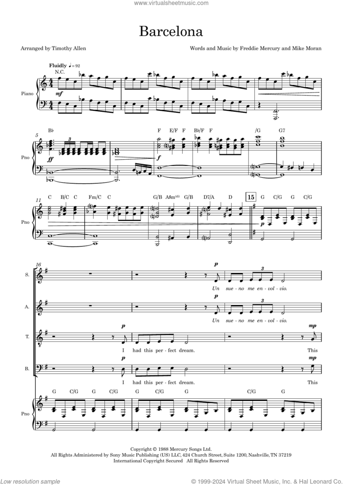 Barcelona (arr. Tim Allen) (COMPLETE) sheet music for orchestra/band (SSAATB) by Queen, Freddie Mercury, Mike Moran and Tim Allen, intermediate skill level