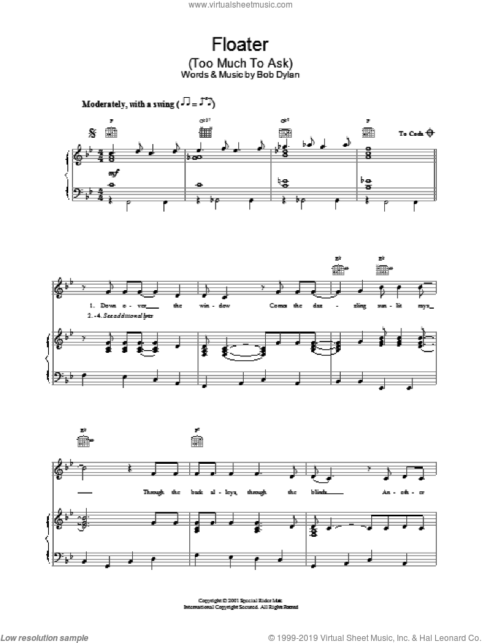 Floater sheet music for voice, piano or guitar by Bob Dylan, intermediate skill level