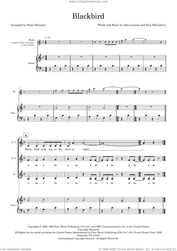 Blackbird (arr. Hazel Hannam) (COMPLETE) sheet music for orchestra/band (SSA) by The Beatles, Hazel Hannam, John Lennon and Paul McCartney, intermediate skill level