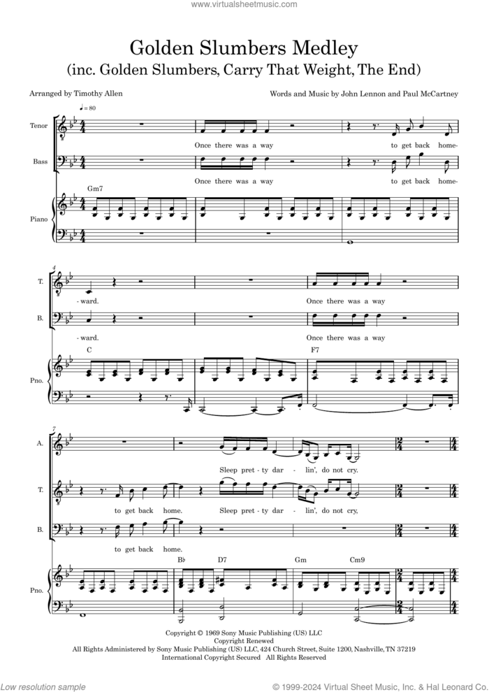 Golden Slumbers Medley (arr. Tim Allen) (COMPLETE) sheet music for orchestra/band (SSAATB) by The Beatles, John Lennon, Paul McCartney and Tim Allen, intermediate skill level