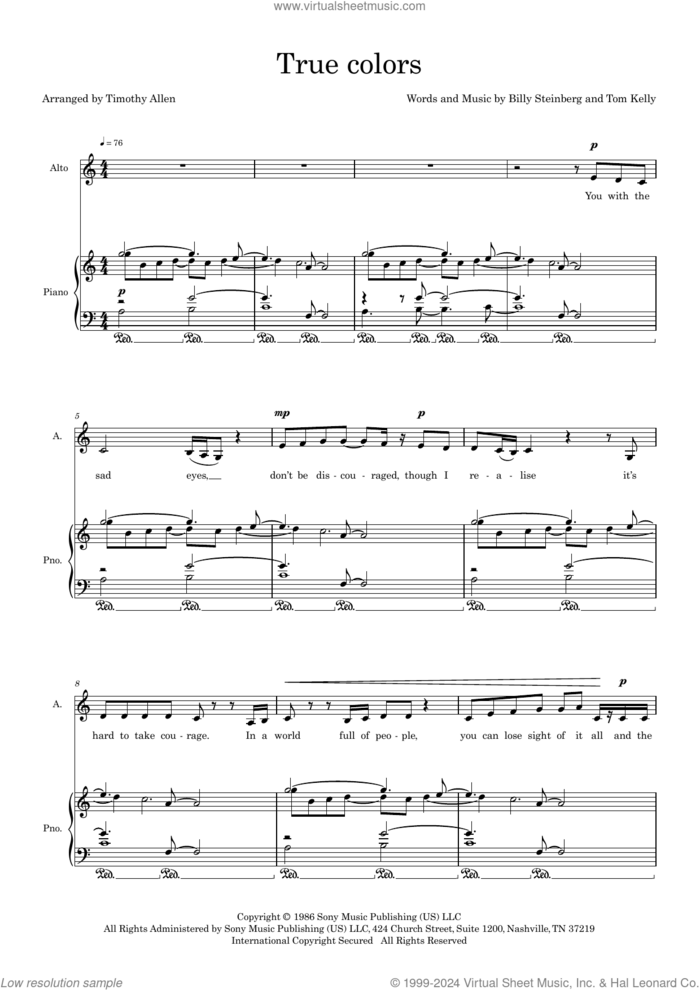 True Colors (arr. Tim Allen) (COMPLETE) sheet music for orchestra/band (SATB) by Cyndi Lauper, Billy Steinberg, Tim Allen and Tom Kelly, intermediate skill level