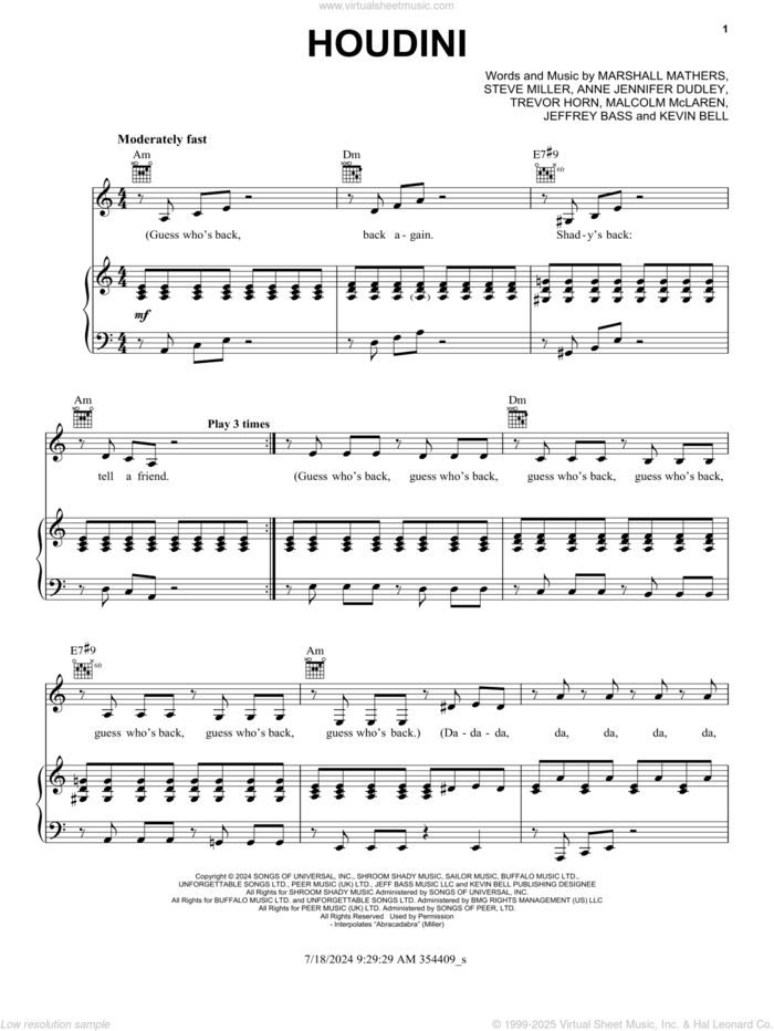 Houdini sheet music for voice, piano or guitar by Eminem, Anne Jennifer Dudley, Jeffrey Bass, Kevin Bell, Malcolm McLaren, Marshall Mathers, Steve Miller and Trevor Horn, intermediate skill level