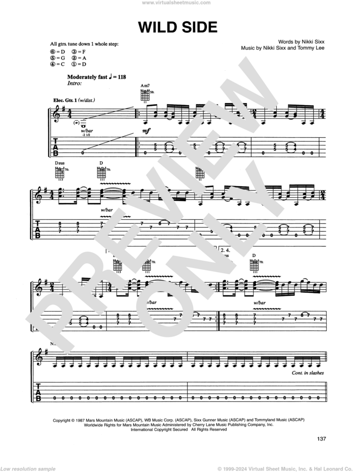 Wild Side sheet music for guitar (tablature) by Motley Crue, Nikki Sixx and Tommy Lee, intermediate skill level