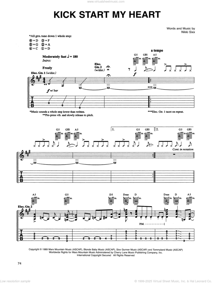 Kick Start My Heart sheet music for guitar (tablature) by Motley Crue and Nikki Sixx, intermediate skill level