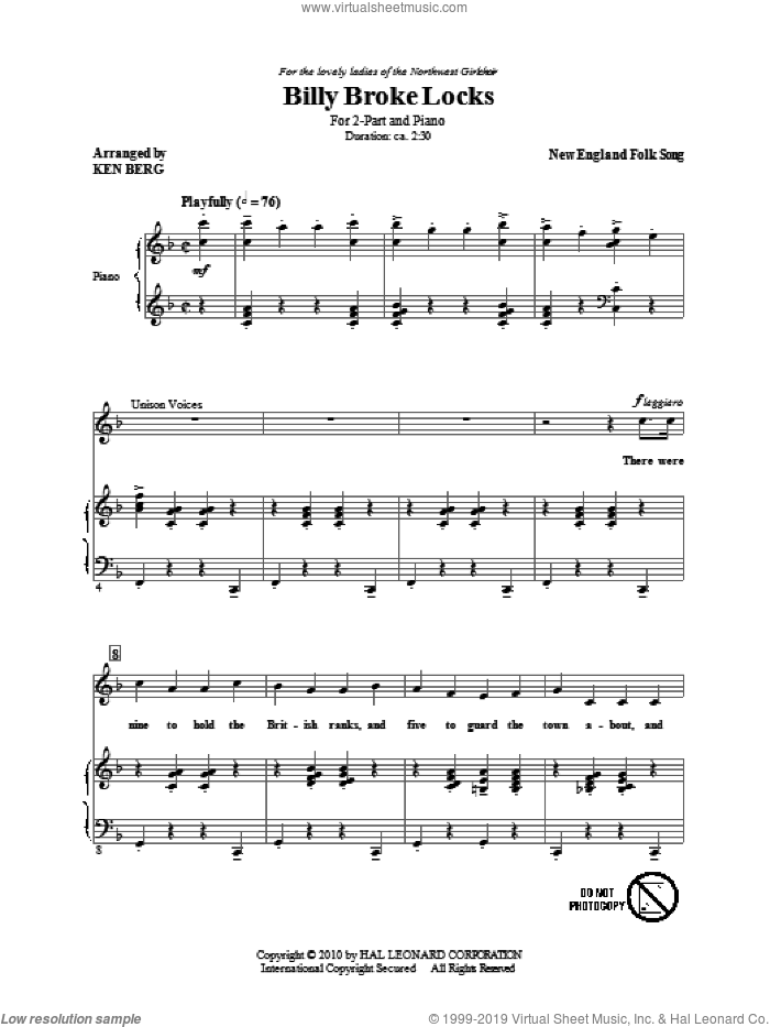 Billy Broke Locks sheet music for choir (2-Part) by Ken Berg and Miscellaneous, intermediate duet